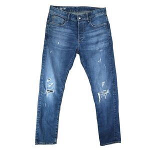G Star Raw Jeans Men 32x32 Blue Washout Faded 3301 Low Taper Distressed Denim